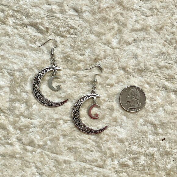 Silver Moon and Star Earrings on French Hook #407 - Picture 3 of 3
